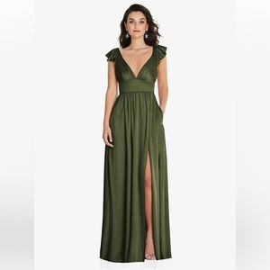 The Dessy Group Deep V Neck Ruffle Cap Sleeve Maxi Dress With Convertible Straps